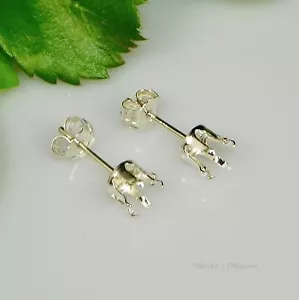 4 mm Runde Druckknopf Tite Sterlingsilber Ohrring Einstellungen 6 Zinken (2 Paar) - Bild 1 von 2