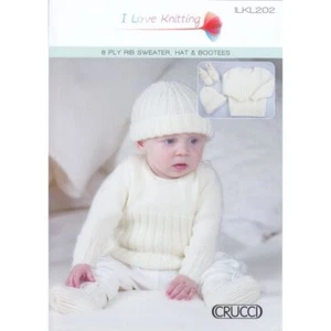 ILKL202 Knitting Pattern Baby 8 Ply Rib Sweater Hat and Booties - Picture 1 of 1
