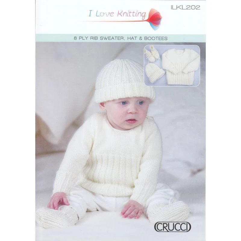 ILKL202 Knitting Pattern Baby 8 Ply Rib Sweater Hat and Booties - Image 1 of 1