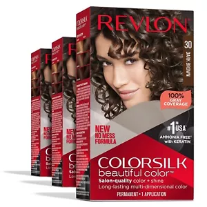 3 Pack REVLON COLORSILK Beautiful Color Permanent Hair Dye 3D GEL #30 Dark Brown - Picture 1 of 4