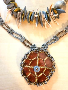 Lot of 2 Boho Chunky Necklaces Browns Tans Bronze 34" and 24" Wood & Shell Bits - Picture 1 of 4