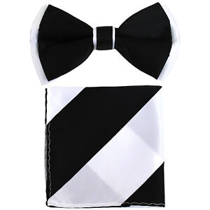 New formal Men's polyester pre-tied bow tie_hankie two tone black white wedding 