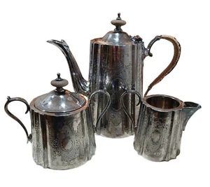 Antique Edwardian Silver-Plated Tea Set Engraved Details & Woven Handle EPBM - Picture 1 of 21