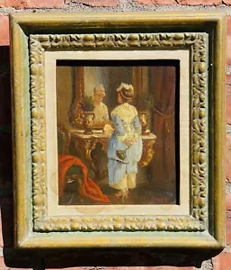 Viktorianisches Ölgemälde um 1880. Dienstmädchen reflektierend im Spiegel in vergoldetem Herrenhaus - Bild 1 von 14
