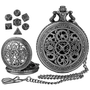 7pcs Tiny Metal Polyhedral Dices DND Set Gear Pocket Watch Case Short Chain - Picture 1 of 12