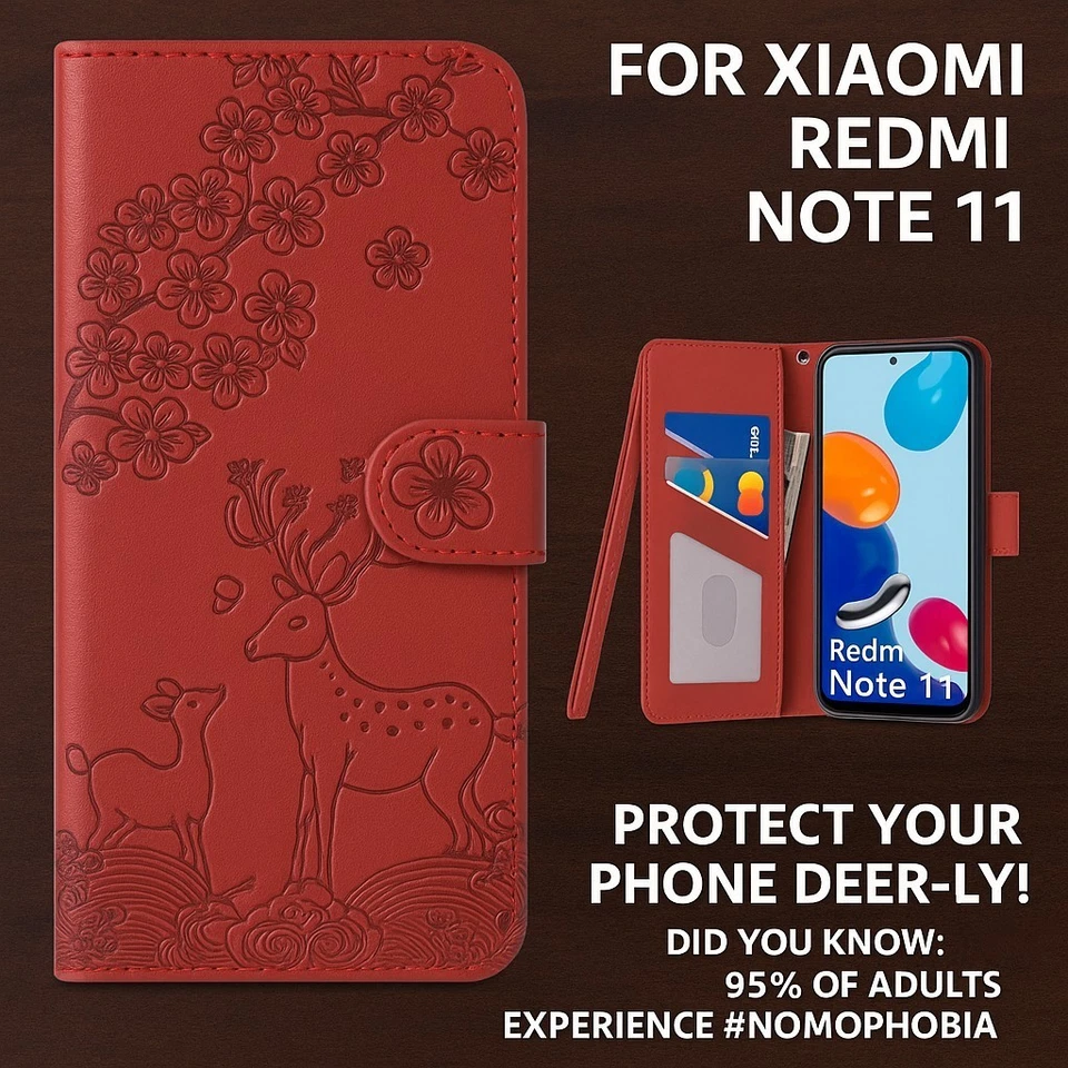 LEINUO Floral Deer Wallet Case for Xiaomi Redmi Note 11 | Kickstand | Non-Slip - Image 1 of 4
