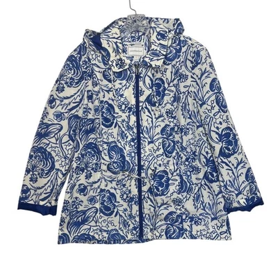 Chaqueta Charter Club Resistente al Agua Mujer LP Grande Pequeña Azul Blanco Con Capucha Flo Foto 1 de 4