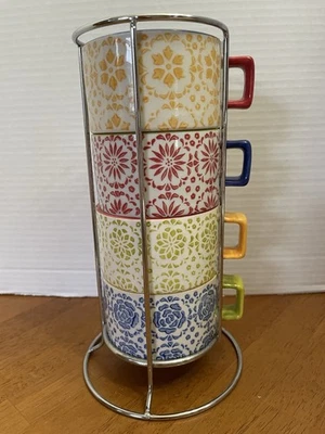 Juego de 4 tazas de gres pintadas a mano apilables coloridas importaciones PIER 1 Foto 1 de 4