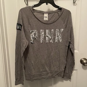 Victoria's Secret Pink Langarm Grau T-Shirt Sequenz Gr. Small S Glitzer - Bild 1 von 11