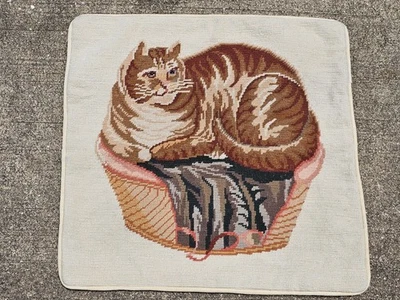 pillow cover hand woven wool needlepoint with a cat beige tan 18x18in China new - Image 1 of 3