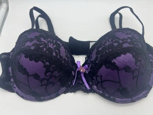 PLAYBOY BUNNY Purple 36C SEXY BLACK LACE CHARM PINK  PUSH UP PAD BRA - Picture 1 of 9
