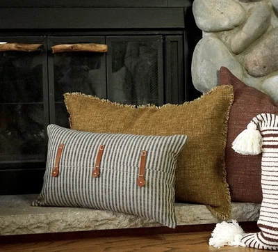 Decorative Lumbar Pillow Cover 12x20  Cotton Ticking Leather Boho Farmhouse - Image 1 of 4