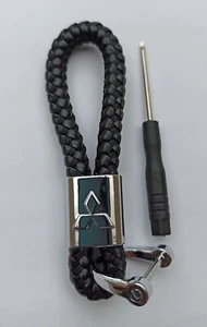 Mitsubishi Black Braided Leather Metal Keyring Key Chain Fob Car Logo Gift - Picture 1 of 6