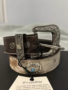 NUEVO CINTURÓN MYRA marrón oscuro de cuero de vaca y turquesa talla pequeña nuevo con etiquetas - Imagen 1 de 6
