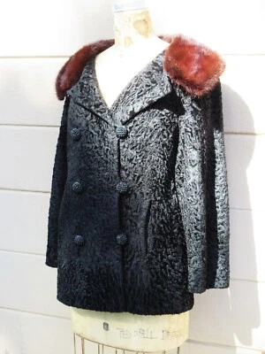 Chaqueta Art Deco Negro Rizado Persa Cordero Lana Visón Piel Verde Negro Forro Seda Foto 1 de 4