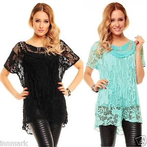 MUJER BARCO CUELLO FIESTA MANGA CORTA RED MALLA TOP LARGO COMO NUEVO TÚNICA TALLA ÚNICA - Imagen 1 de 1