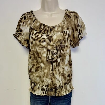 SUNNY LEIGH Blouse Women's Ruffle Small Animal Print Lion Tiger Leopard Cheetah - Image 1 of 4