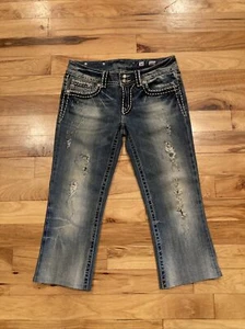 Jeans donna Miss Me Crop blu denim elasticizzato effetto invecchiato Capris taglia 30 x 22 - Foto 1 di 12