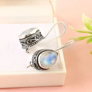 Pendiente vintage de plata esterlina 925 con piedras preciosas de luna arco iris natural joyería - Imagen 1 de 3