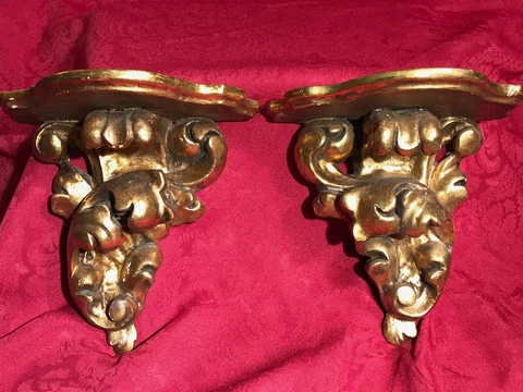 Antique Italian Old Venetian Wall Shelf Gold Gilded Carved Scrolls Baroque Style Cover