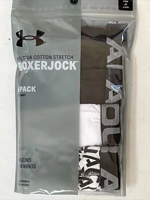 Calzoncillos boxer Under Armour para niños surtidos de algodón elástico paquete de 4 piezas; YSM, YLG Foto 1 de 4