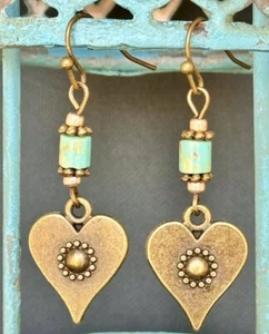 Etched Bronze Heart & Turquoise Picasso Bead Dangle Earrings. Boho Chic. - Picture 1 of 4