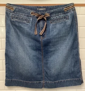 Vintage 90s Denim Jean Skirt Sz 14 A Line Mini Ribbon Belt Pockets Preppy Casual - Picture 1 of 12