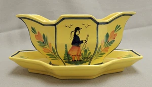 HB Quimper France French Breton Man Hand Painted Gravy Boat attached underplate - Picture 1 of 12