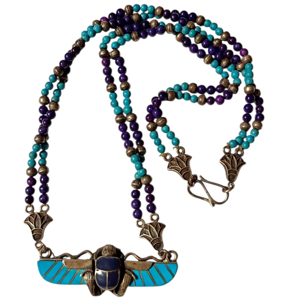 ART DECO EGYPTIAN REVIVAL SCARAB STERLING SILVER LAPIS Lotus Clasp NECKLACE - Image 1 of 4