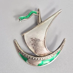 Vintage Brooch 925 Silver IVAR T HOLTH Enamelled Norwegian Viking Ship Brooch - Picture 1 of 3