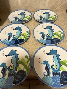 Home Set of 6 Melamine Plates Sealife Seahorse 9" Tropical - Picture 1 of 9