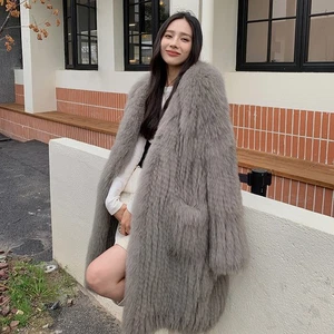 Winter New Fox Fur Long Coat Womens 100% Real Fox Fur Weave Thicken Warm Jackets - Picture 1 of 22