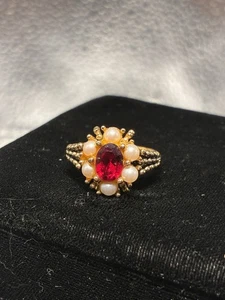 AVON Simulated Ruby Pearl Ring Gold Tone Adjustable July January Birthstone - Picture 1 of 6