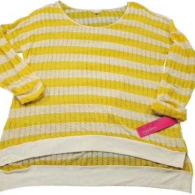 Xhilaration Yellow Sweater NEW Stretch Stripe Sweater Open Knit Top Women Size L - Image 1 of 4