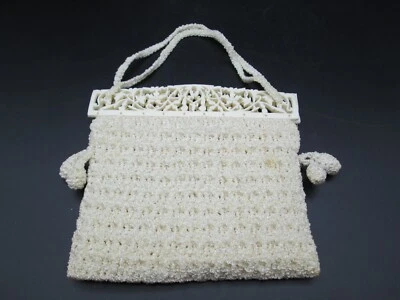 Bolso sin asas de ganchillo con marco de celuloide tallado marfil Art Deco vintage Foto 1 de 4