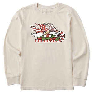 Life Is Good Gnome Toboggan Ride Long Sleeve Crusher Tee Kid's Shirt, Putty Whit - Picture 1 of 1