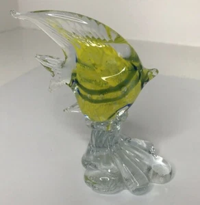 Studio Art Glass Angel Fish Yellow on Clear Glass Wave Sculpture Murano Style - Picture 1 of 10