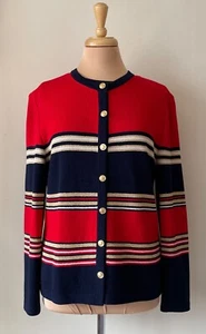 St. John Knit Size M Red/Navy/Gold Stripes Cardigan Sweater & Sleeveless Top Set - Picture 1 of 5