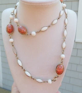 Vintage necklace 50s/60s art glass bead faux poured glass Germany orange white - Picture 1 of 7