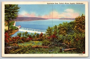 Postcard Spavinaw Dam Tulsa's Water Supply Oklahoma Linen - Picture 1 of 2