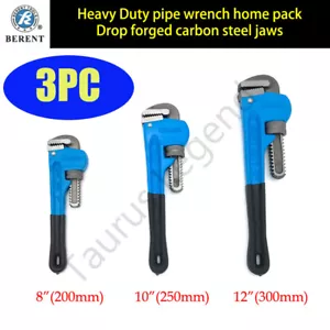3PC Plumbing Pipe Wrench Set Drop Forged Carbon Steel Jaws 8" 10" 12" Home Pack - Picture 1 of 7