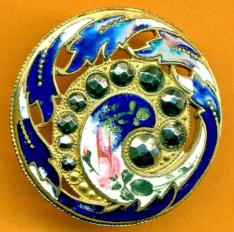 Large Swirling Design Pierced Enamel w Cut Steels...1&1/4", Large…Antique Button Cover