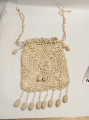 1910s  Flapper Crochet Drawstring Handbag Handmade Tassels 5 1/2" X 8" - Image 1 of 4