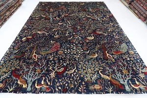 9x12 ft birds Animal Navy Blue Area Rug Afghan Hand Knotted Veg dyes Wool Rug - Picture 1 of 13
