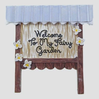 Miniature WELCOME TO MY FAIRY GARDEN SIGN with FLOWERS & TIN or METAL ROOF 3.75" - Image 1 of 4