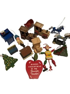 Vintage Wooden Christmas Ornaments 14 Piece Lot Trains Horse Unicorn Trees Apple - Picture 1 of 12