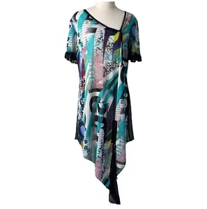 Tessuto Dress Womens 10-12 Black Multi V-neck Short Ruffle Sleeve Midi Ruched - Picture 1 of 15