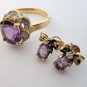 Purple Amethyst CZ Accent Gold Bond GdB Ring 7 Signed Karis w/Matching Earrings - Picture 1 of 10