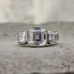 Moissanite Three Stone Engagement 2.5 CT Asscher Cut Bezel Solid 14k White Gold - Picture 1 of 5