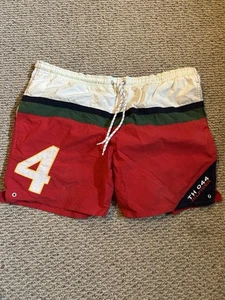Vtg 90s Tommy Hilfiger Mens L Spell out Flags Board Shorts Swim Trunks - Picture 1 of 4